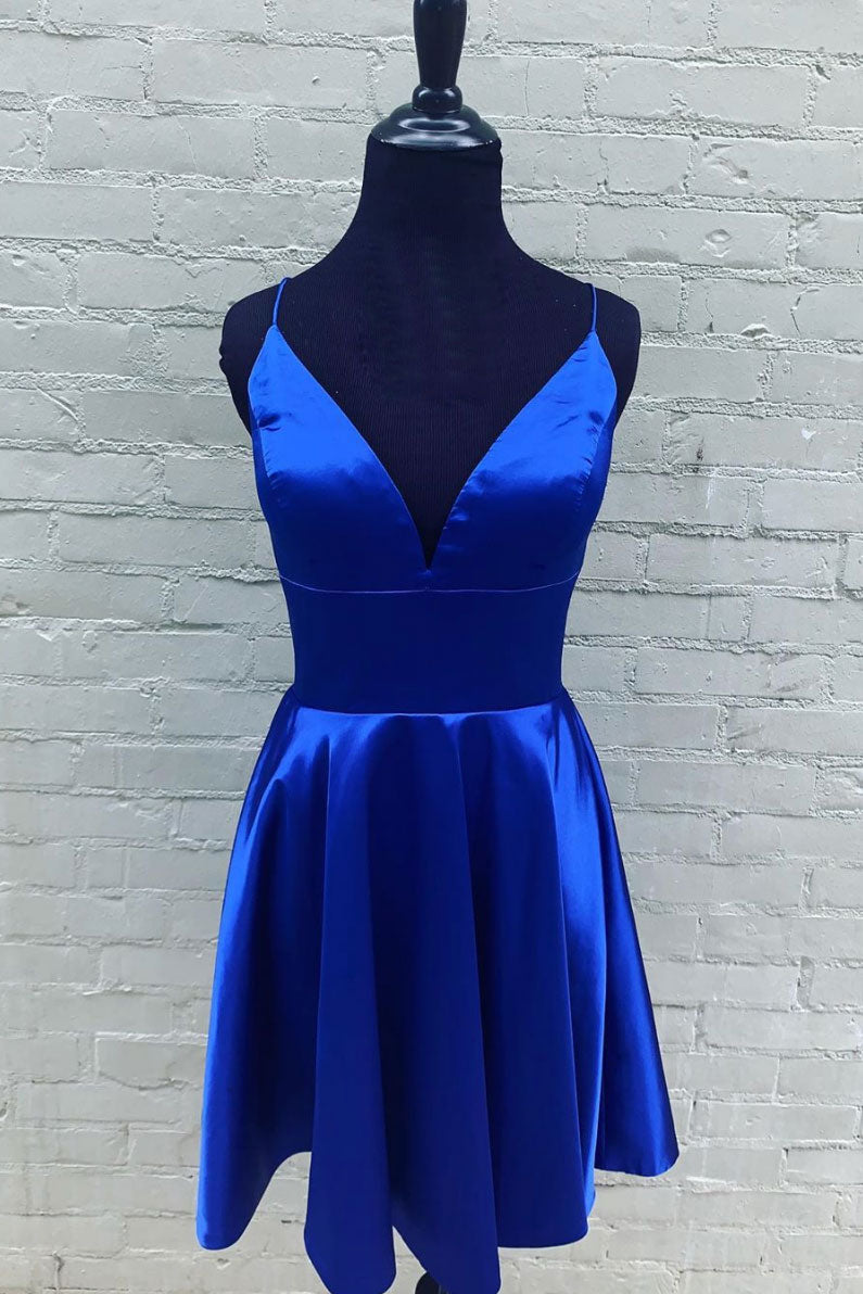 Blue v neck satin short blue prom dress ...